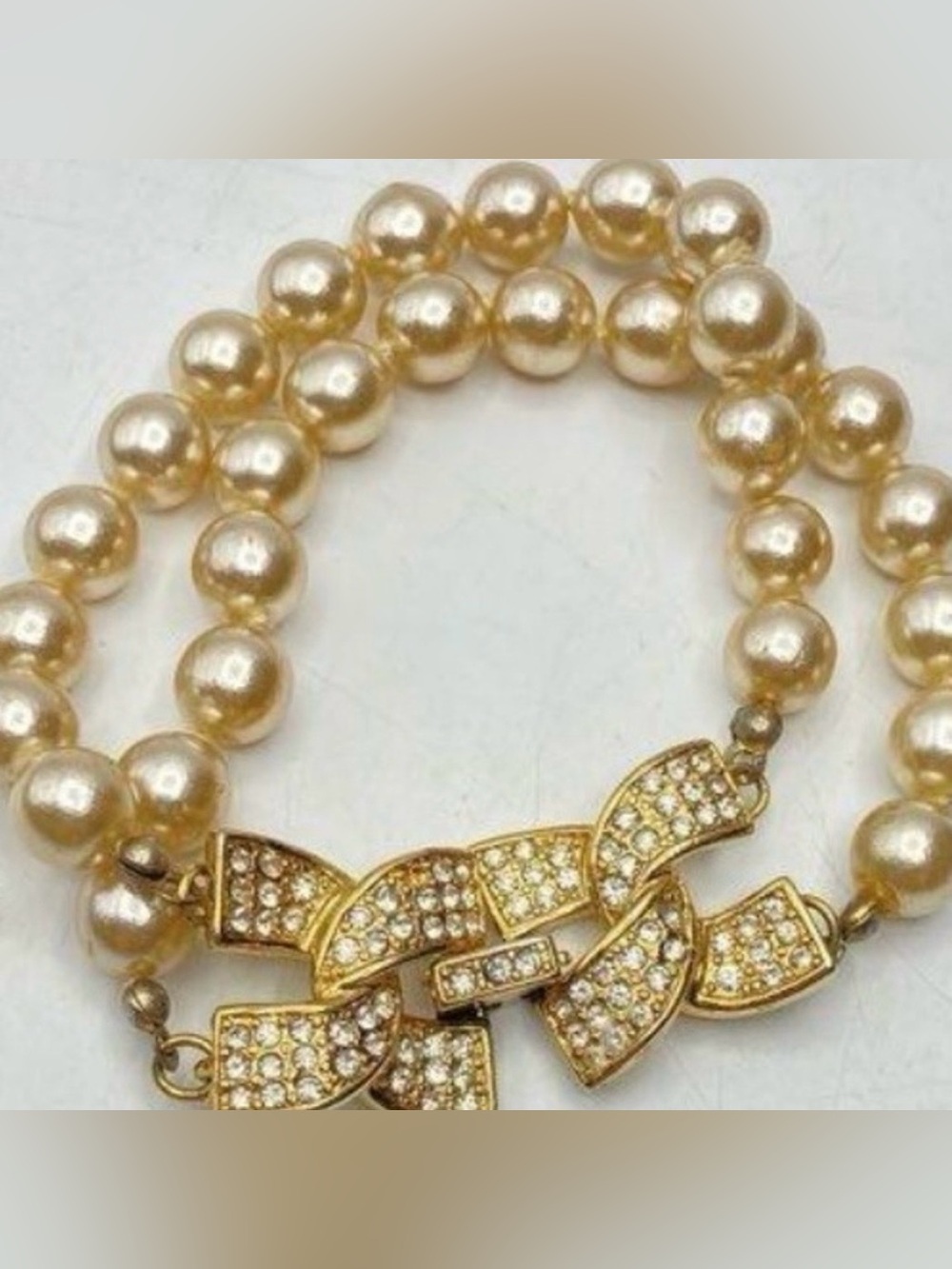 Kenneth Jay Lane Gold Pearl Bracelet with Pave Crystal Link 7”